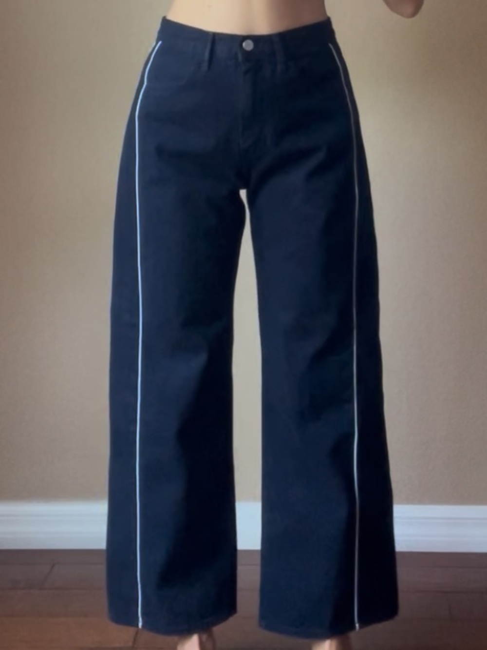 Just Black Denim Wide Leg 100%Cotton Jeans Side Stripes High Rise USA made 26/27